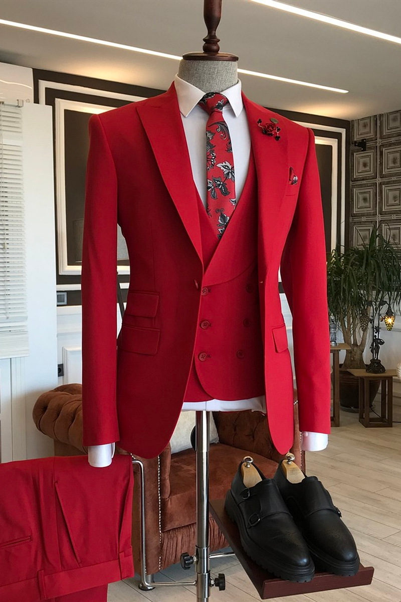 Gilberto Red Custom Three Piece Point Lapel Prom Men Suit