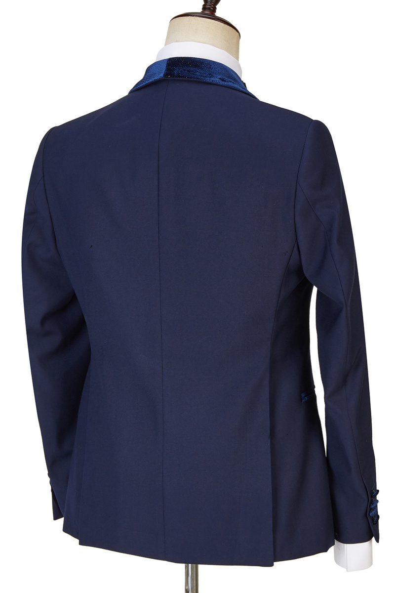 Dylan Design Navy Blue Velvet Best Fit Three-Piece Sparkling Suit