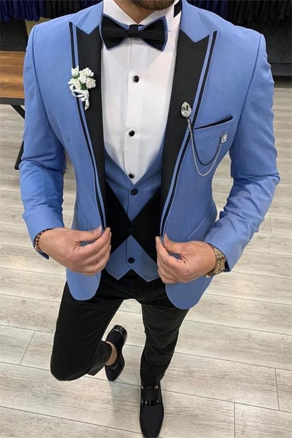 Ian Blue Pointed Lapel Slim Fit Business Three-Piece Suit