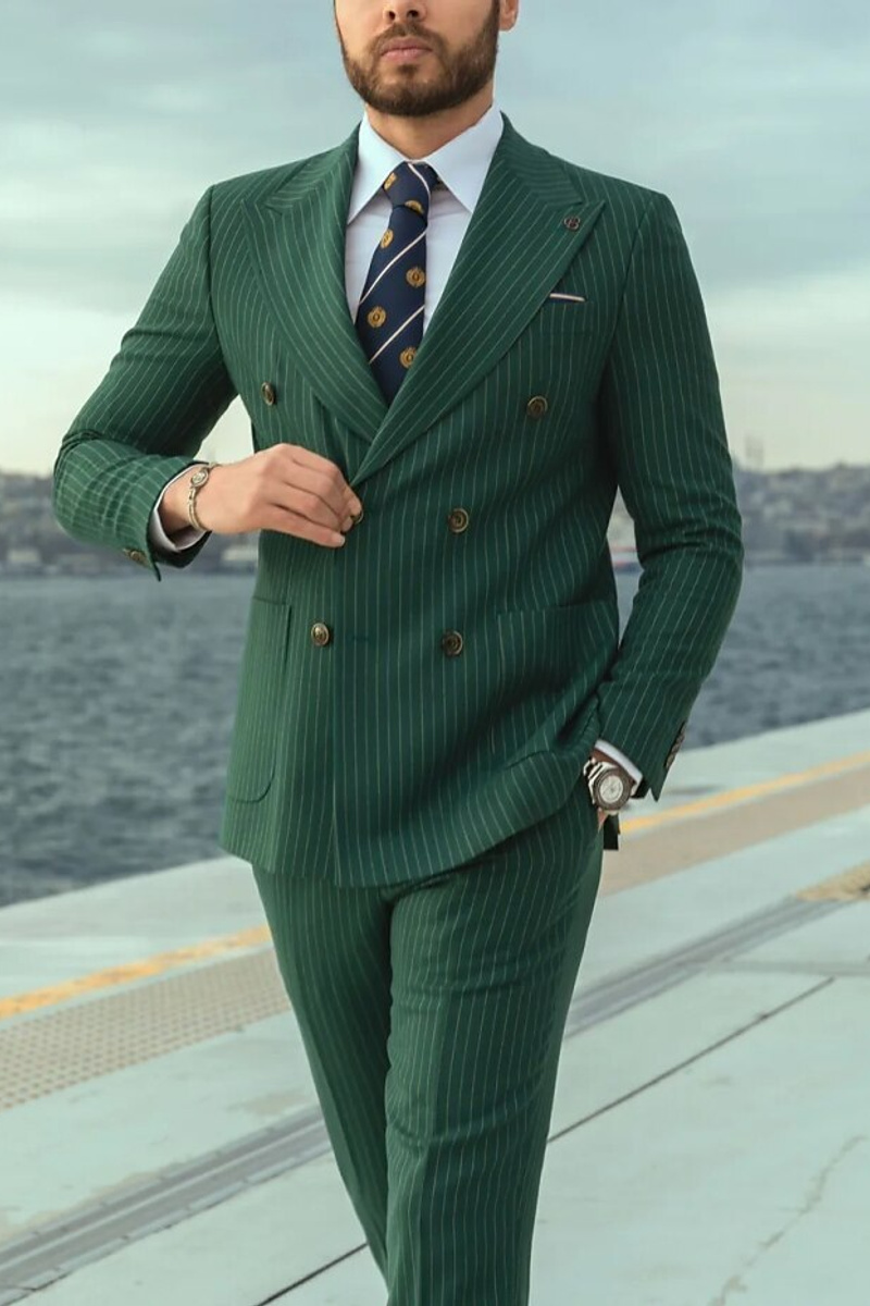 Stylish Rick Hunter Green Striped Peak Collar Double-Breasted Suit Two-Piece