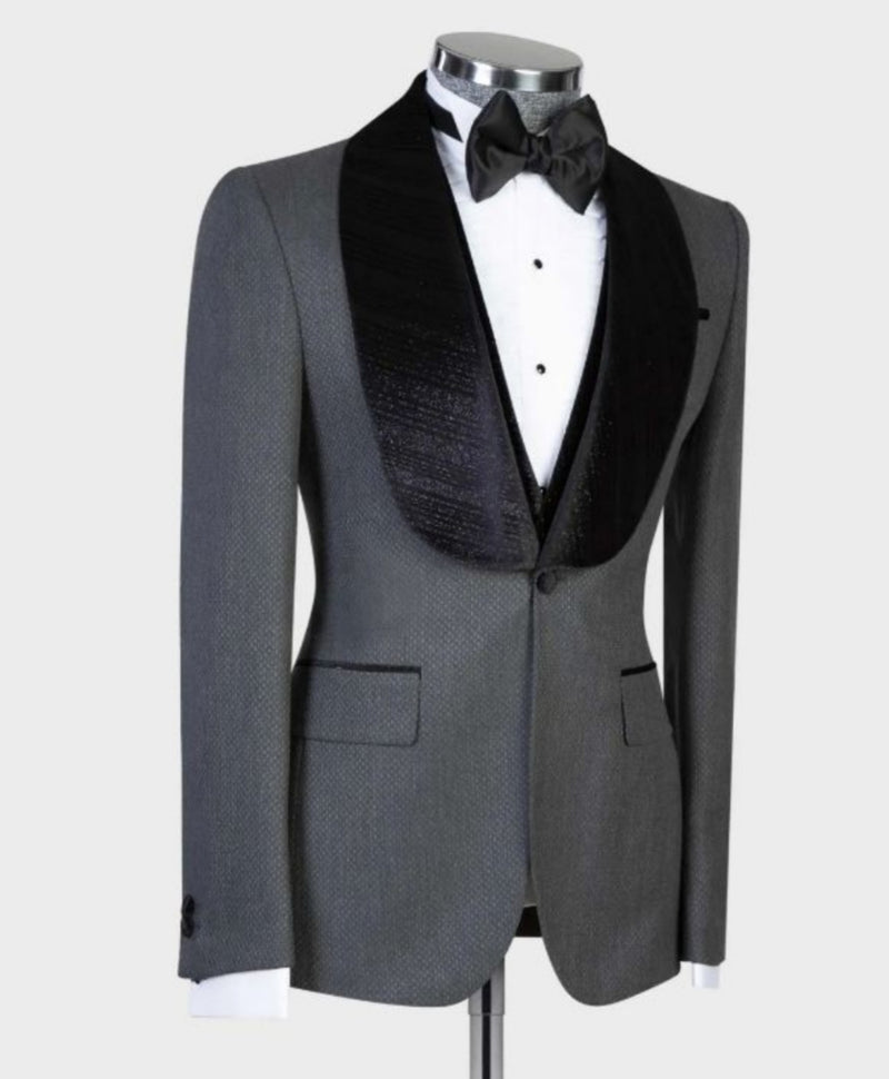 Gray One-Button Stylish Wedding Suit with Black Shawl Lapel
