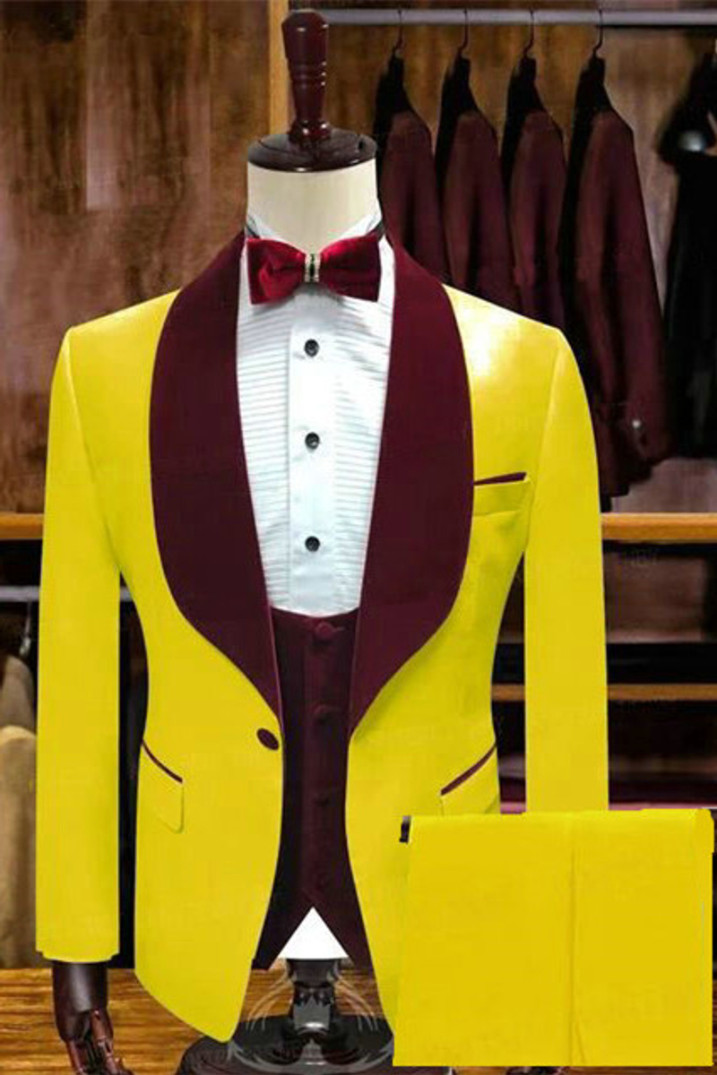 Pedro Yellow One-Button Wedding Groom Suit with Velvet Lapel