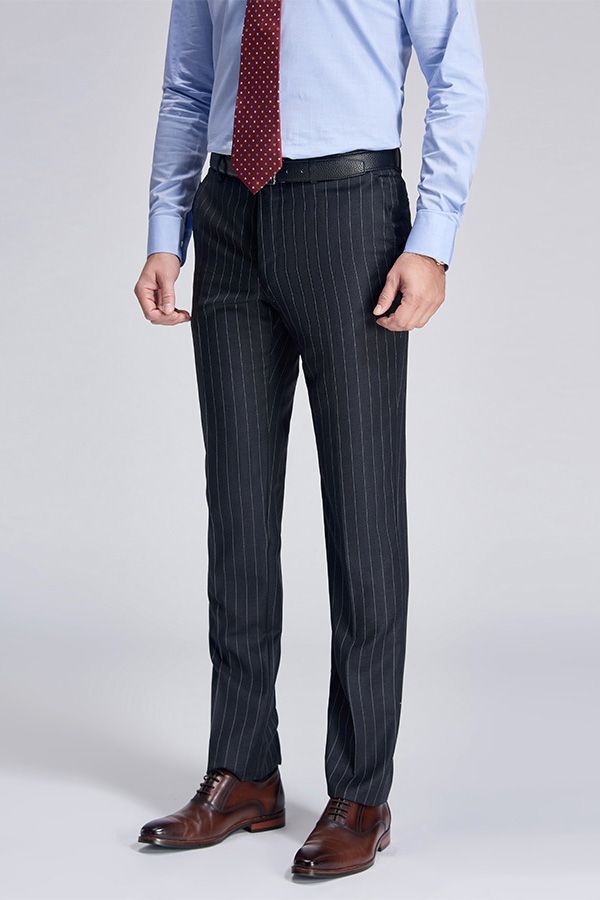 Men Gentleman Light Grey Striped Straight Dark Grey Suit Pants