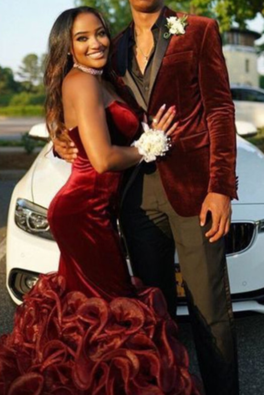 New Men Red Velvet Slim Fit Black Shawl Lapel Prom Costume