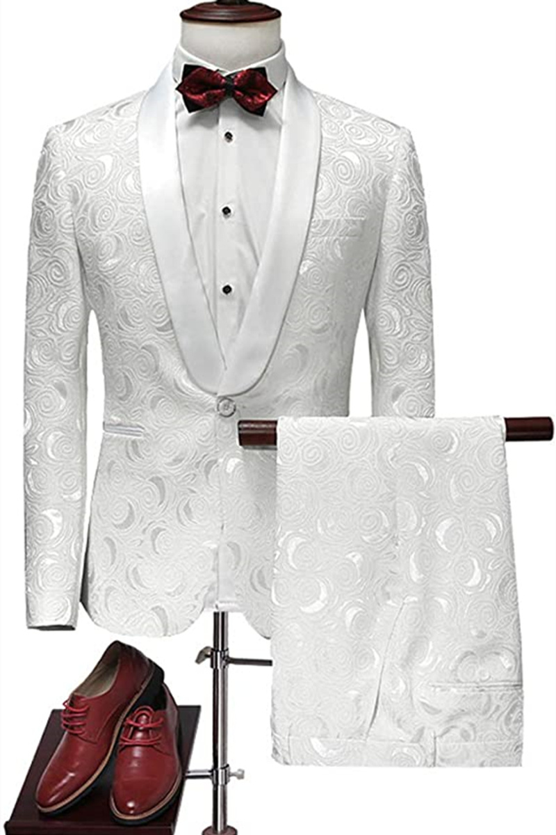 White Jacquard Wedding Tuxedo Shawl Lapel Groomsmen Three-Piece Suit
