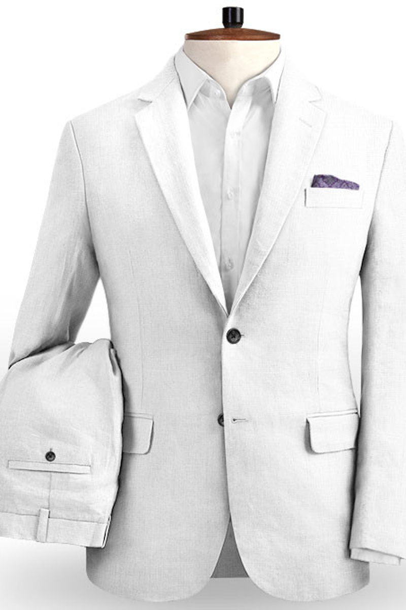 Summer White Groom Tuxedo Linen Notch Lapel Men Party Ball Business Suit
