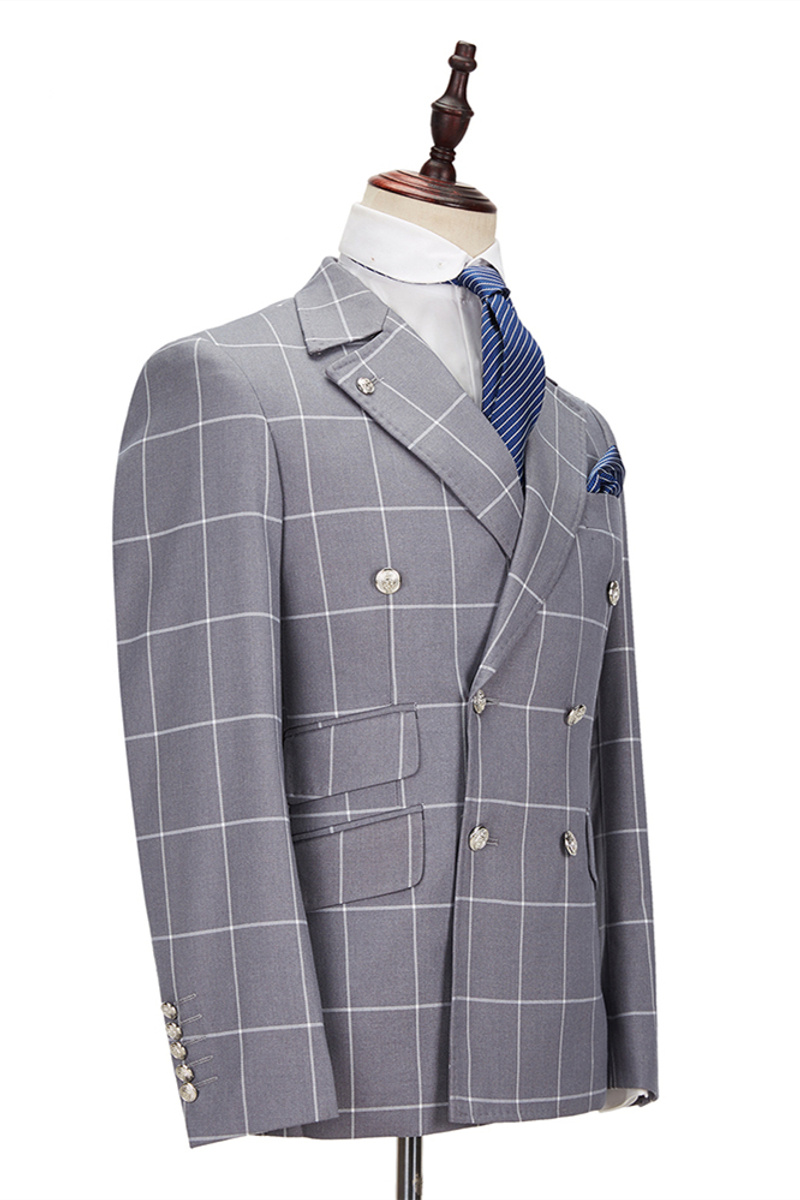 Gray Plaid Lapel Double-Breasted Business Suit