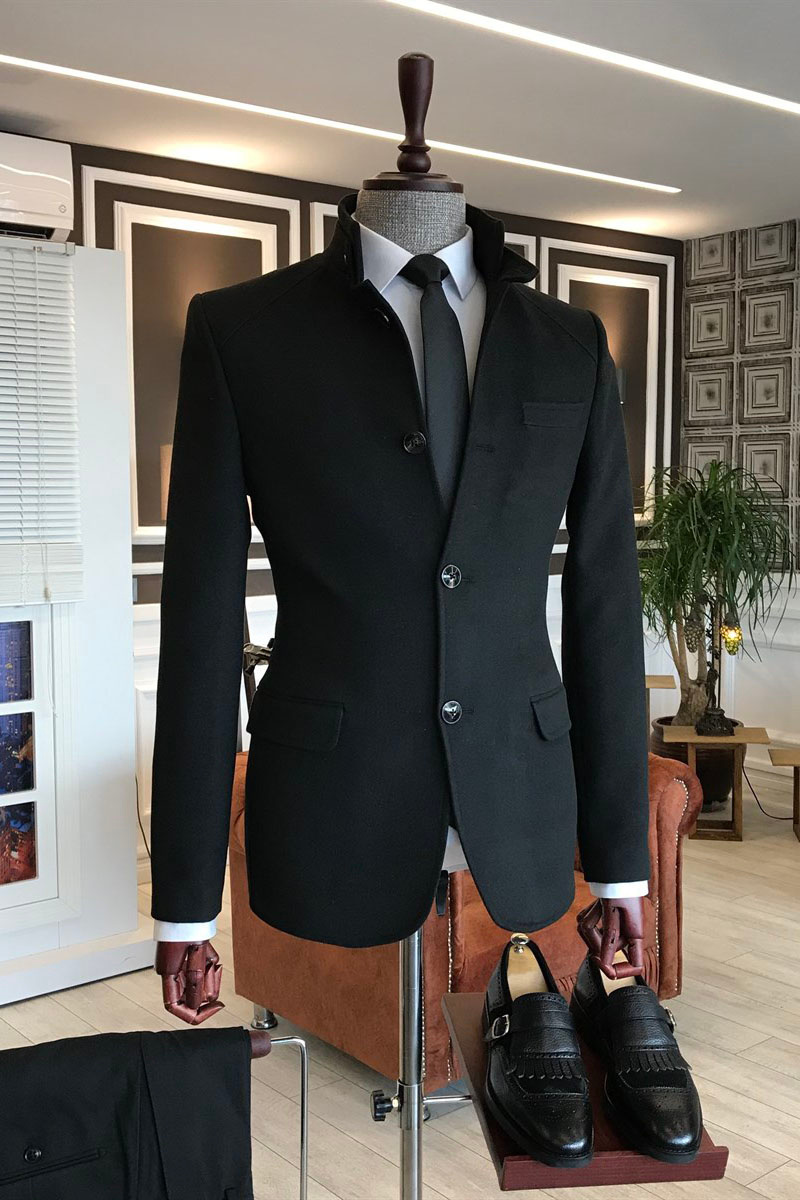 Leopold Classic Black Stand Collar Single Breasted Slim Fit Winter Business Jacket