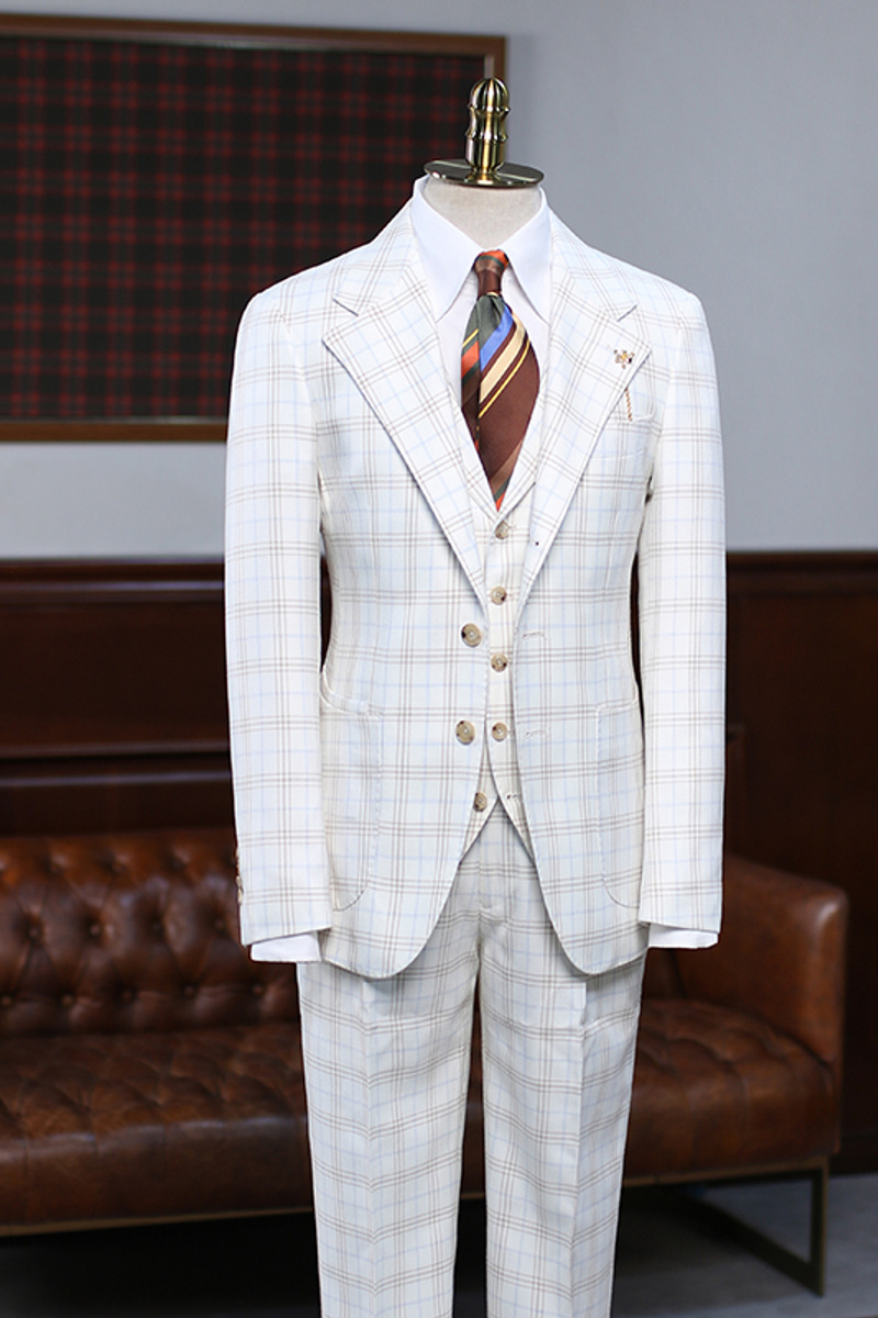 Alfred Sleek White Plaid Three Piece Notched Lapel Slim Fit Suit