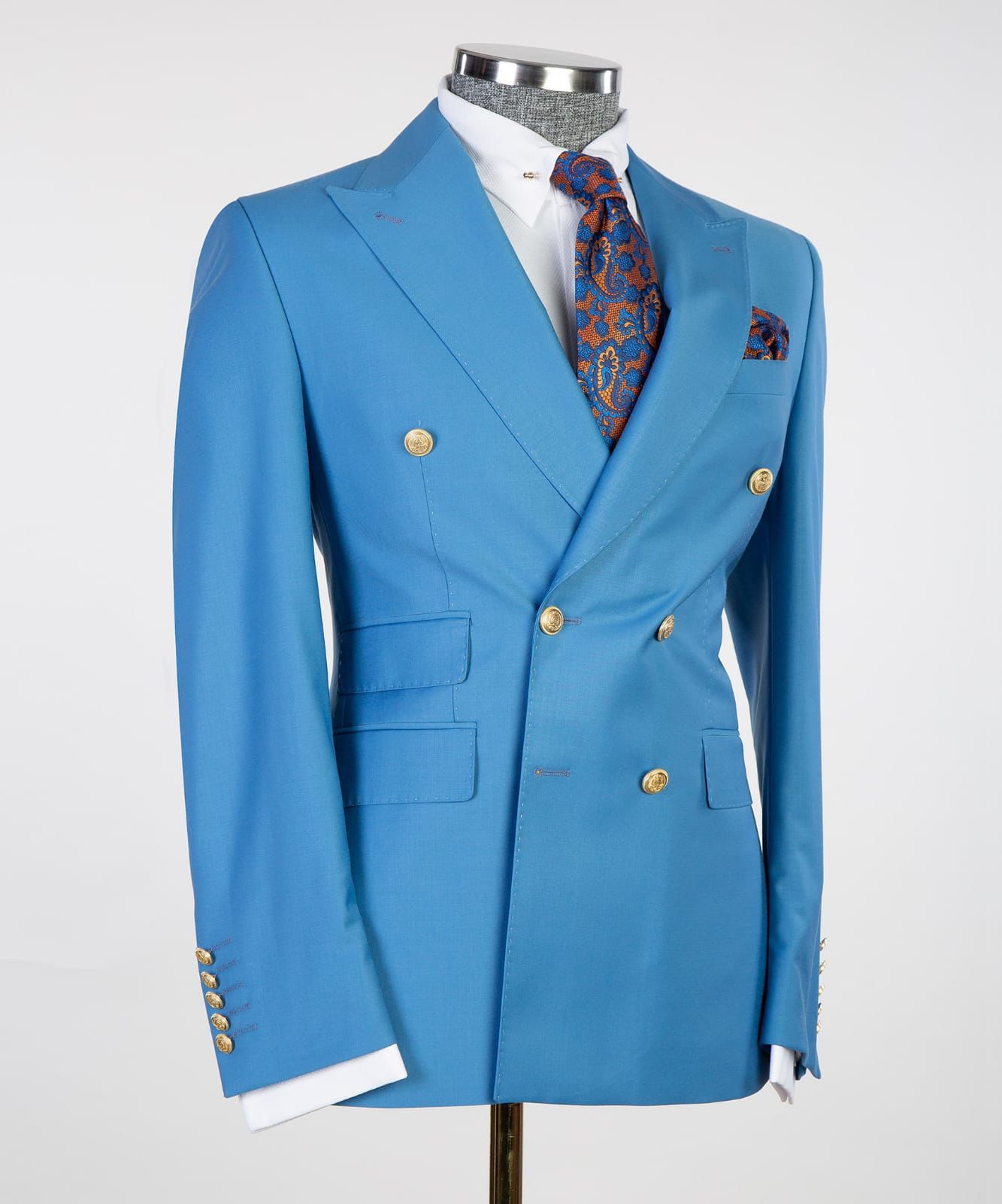 Modern Blue Double-Breasted Point Collar Business Suit