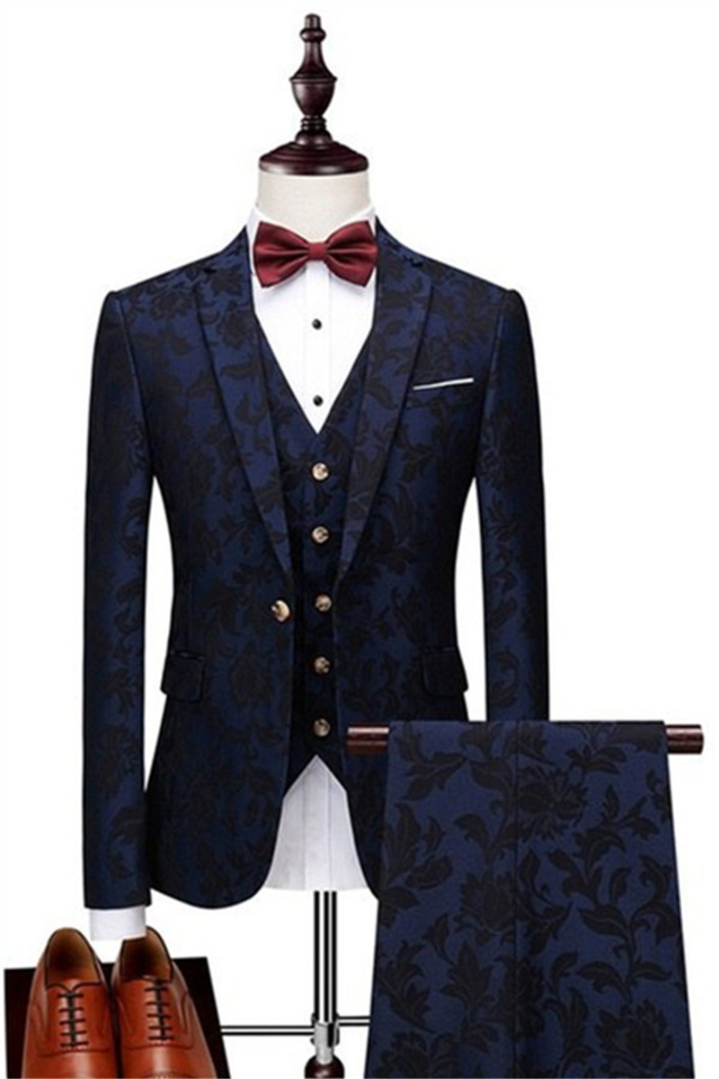 Navy Blue Jacquard Prom Men Suit High Quality Classic Tuxedo Three Piece