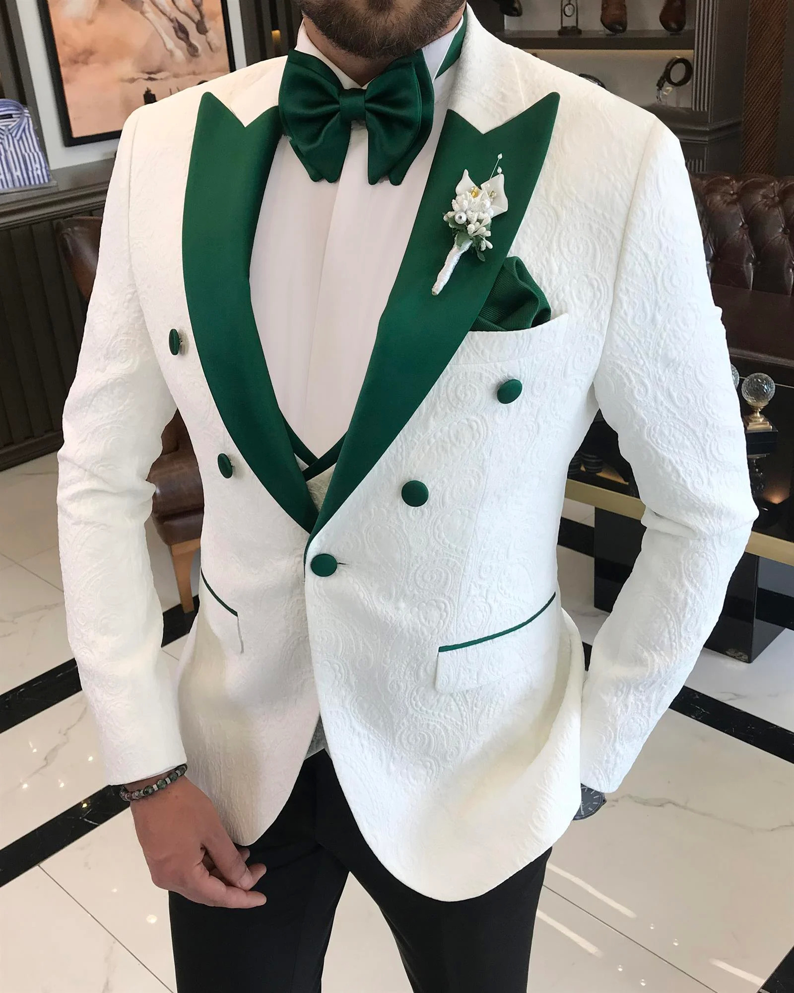 White Slim Fit Lapel Collar Jacket, Vest, and Trousers Groom Suit Gold Collar/White Pants & Green Collar/Black Pants