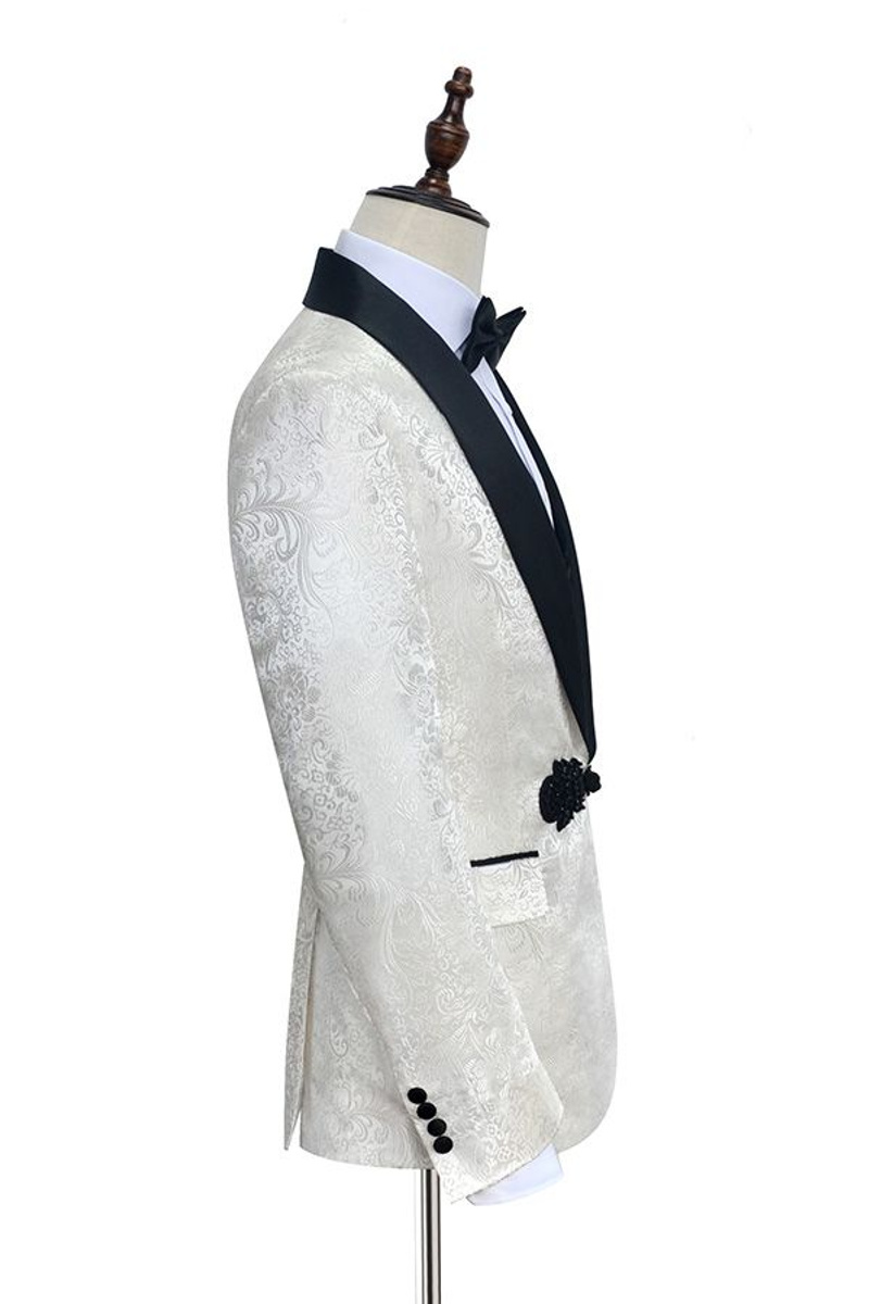 Fashion Knit Buttons Black Shawl Lapel Three-Piece White Jacquard Wedding Tuxedo