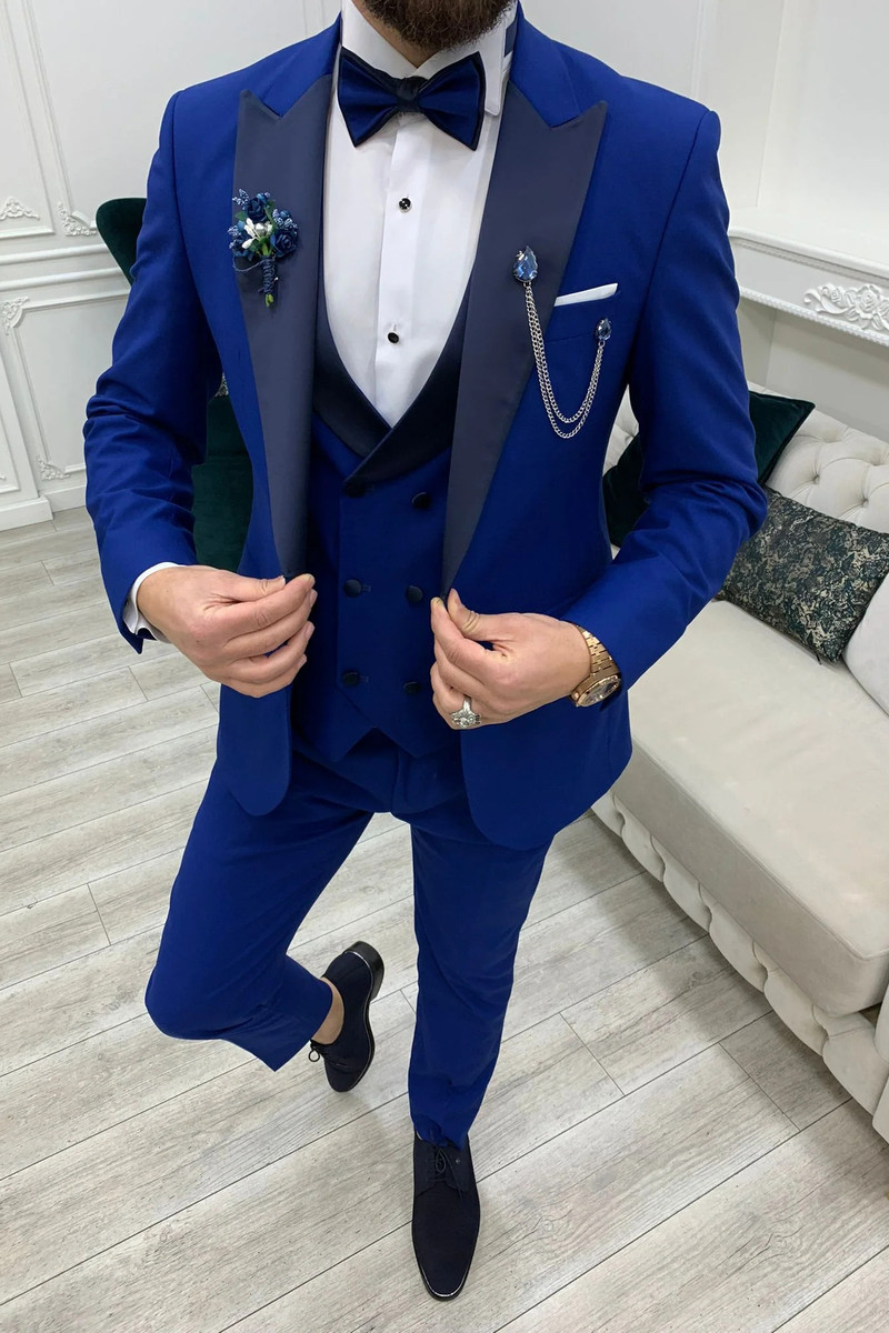 Perris Modern Royal Blue Slim Peak Collar Three-Piece Tuxedo