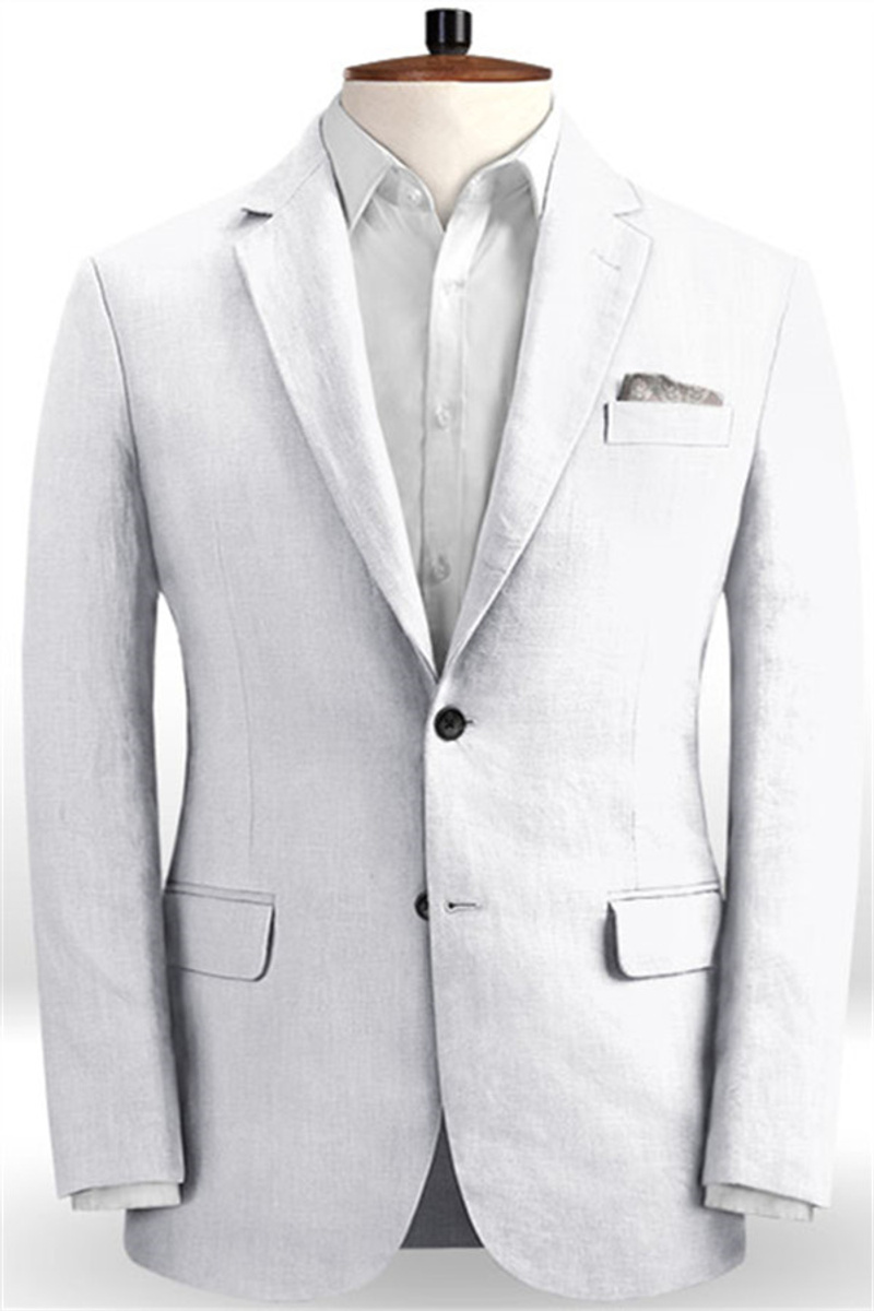 White Linen Beach Wedding Suit with Pants Fashion Groom Tuxedo Blazer