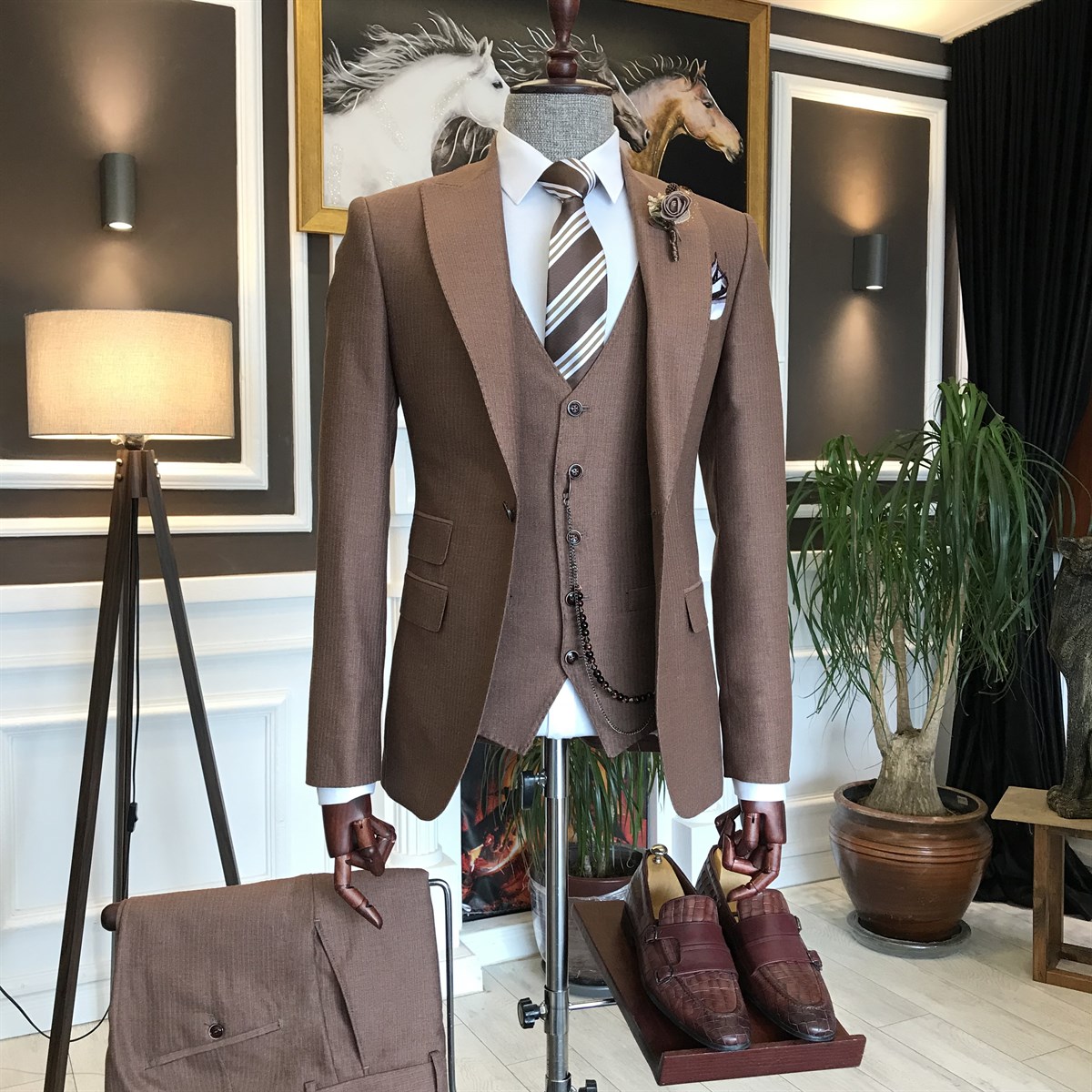 Claude Chic Brown Peaked Lapel Three-Piece Best Fitted Business Suit
