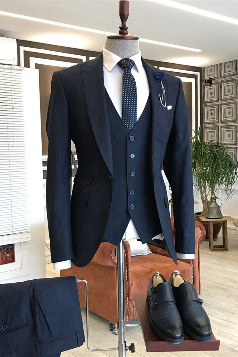 Herbert Newest Three Piece Blue Striped Point Lapel Business Suit