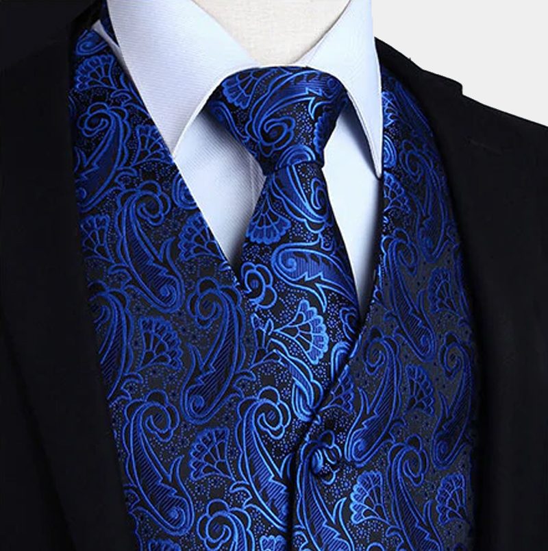 Stylish Silk Royal Blue And Black Men Tuxedo Paisley Vest Set