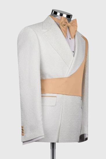 Brady Slim Stylish White Jacquard Two Pieces Prom Suits With Crossover Satin Panel_3