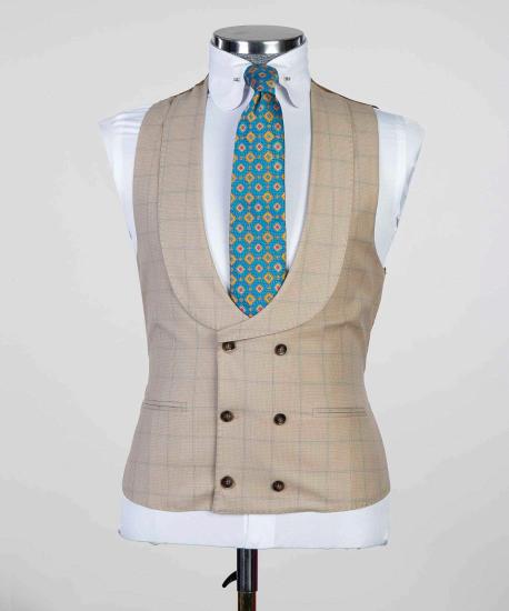 Fashion black khaki check three-piece men's suit with pointed collar_2