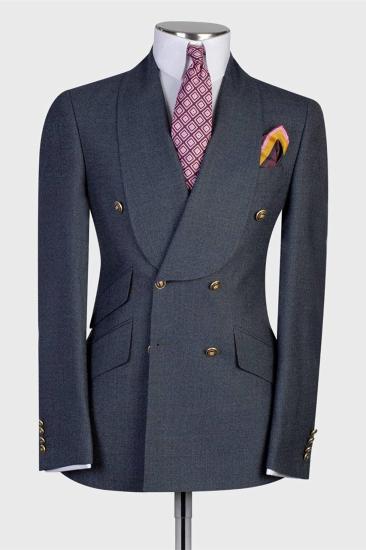 Dark Gray Shawl Lapel Double Breasted Men's Suit_1