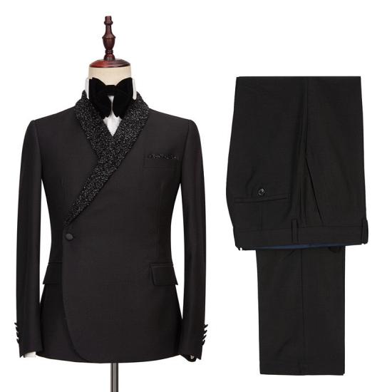 Colby Sparkling Cape Lapel Black One Button Wedding Suits_3