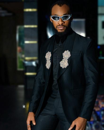 Black Tuxedo Suit with 3D Floral Embroidery for Men Party Wedding_2