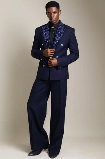 Brady Special Dark Navy Double Breasted Two Piece Prom Suits With Sequin Lapel_1