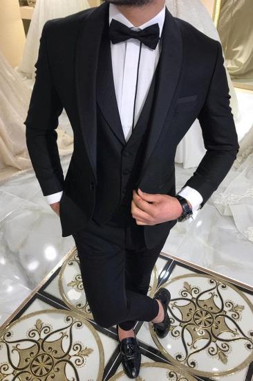 Three Piece Black Men Suits For Groom | Shawl Lapel Wedding Tuxedos With Waistcoat_1