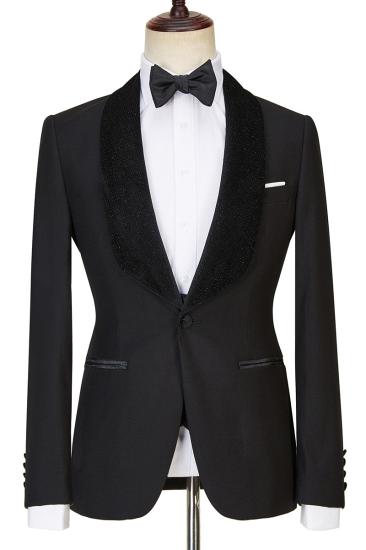 Jose Modern Three Piece Black Shawl Lapel Sparkling Mens Wedding Suit_5