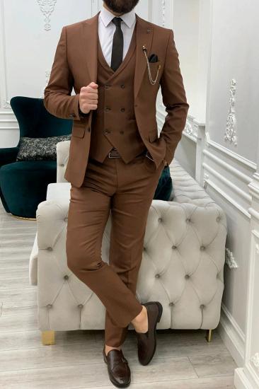 Brown Peak Collar Men's Slim Fit Three Piece Prom Suit_1