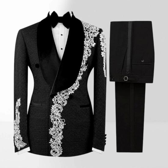 Brady Men's Black Double-Breasted Tuxedo with Silver Embroidery Prom Suit_5