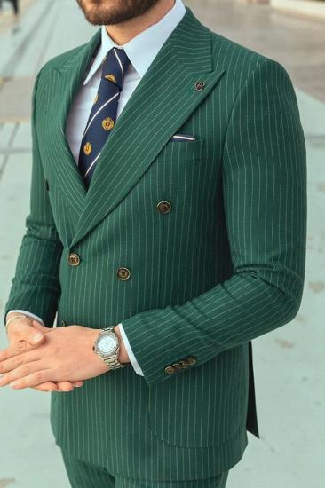 Stylish Rick Hunter Green Striped Peak Collar Double Breasted Men Two Piece Suit_3