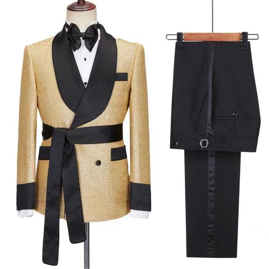 Shine Gold Yellow Men Robe Set Shawl Collar Two Piece | Belted Party And Prom Suit_2