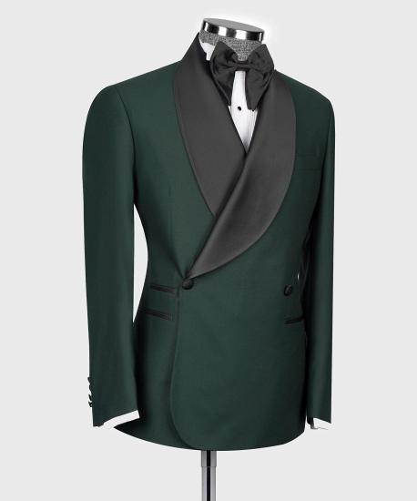 Chic Hunter Dark Green Shawl Lapel Double Breasted Men Wedding Suits_2