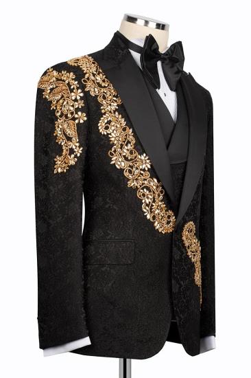 Brady Gold Crystals Appliques Black Three Piece Jacquard Mens Suit_3