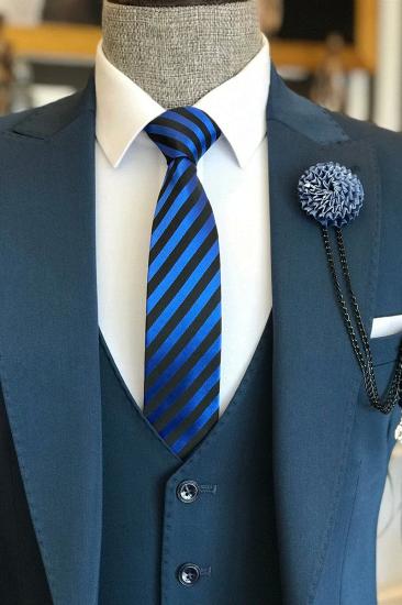 Navy Blue Lapel One Button Upper Lower Double Pocket Men Three Piece Suit | Business Dinner Suit_2