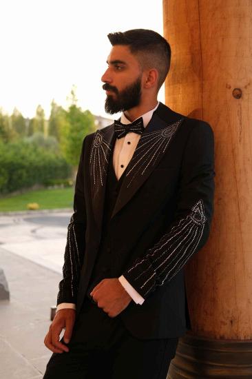 Black Rhinestone Embellished Shawl Lapel Men's Tuxedo Suit for Wedding & Prom_2