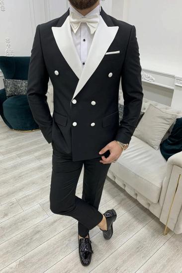 Handsome Black Peaked Collar Double Breasted Men Two Piece Suit_3