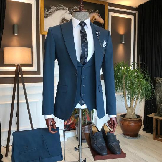 Navy Blue Crotch Collar One Button Men Three Piece Suit | Shawl Collar Vest Wedding Dinner Suit_4