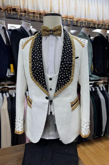 Luxurious White Shawl Collar Single Breasted Three Piece Prom_1