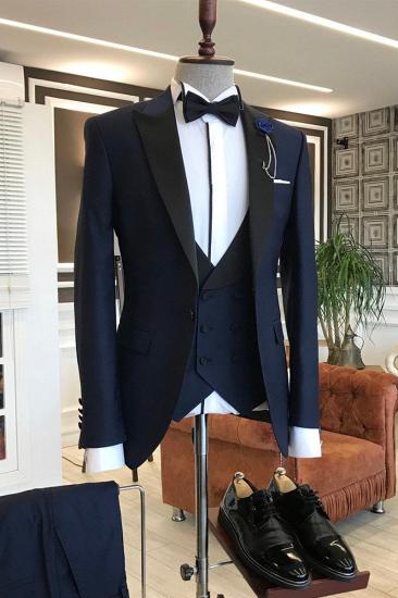 Black Pointed Lapel Fashion Dark Blue Prom Men Suit_1