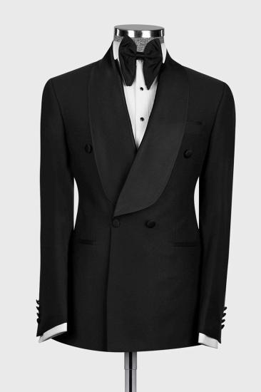 Black Double Breasted Flap Wool Blend Shawl Collar Men Wedding Suit_1