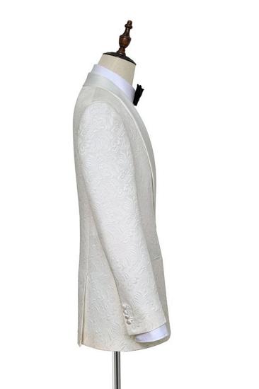 Wedding Trendy Jacquard White Tuxedo | Silk Shawl Lapel One Button Mens Wedding Suit_4