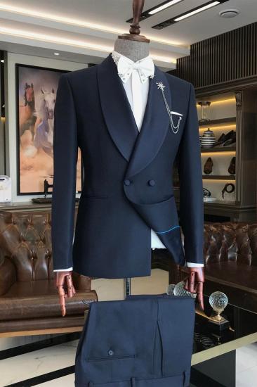 Stylish Dark Blue Shawl Collar Jacket Trousers Suits_1