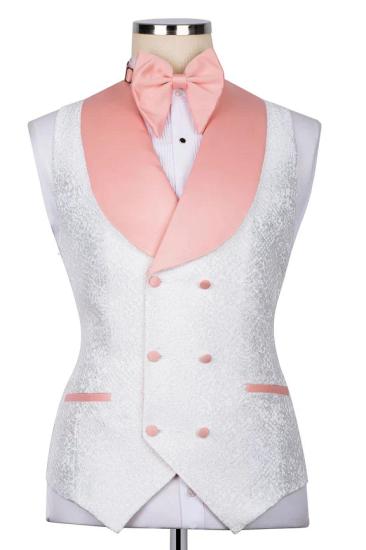 Exquisite White Jacquard Three Piece Prom Suit With Pink Pointed Collar Satin Lapel_2