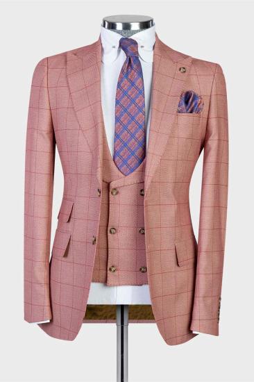 Fashion Pink Plaid Slim Pointed Collar Three Piece Men Suit_1