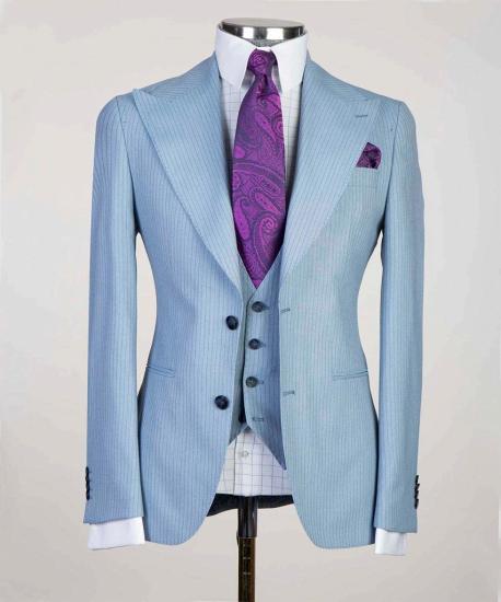 Sky Blue Striped Pointed Lapel Three Piece Men's Business Suit_5