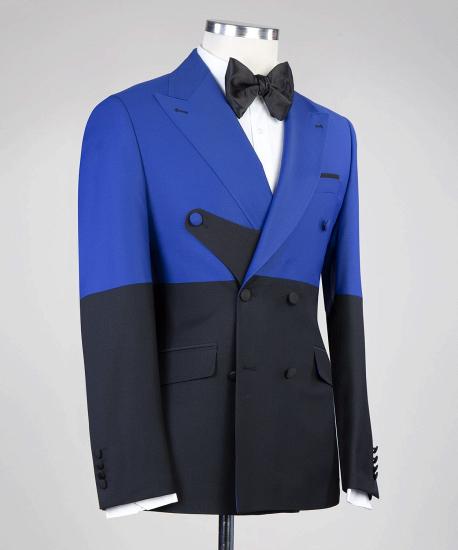 Blue and Black Double Breasted Pointed Lapel Prom Suit_2