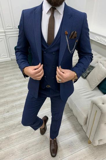 Navy Blue Slim Fit Wool Blend Single Button Mens Three Piece Suit_1